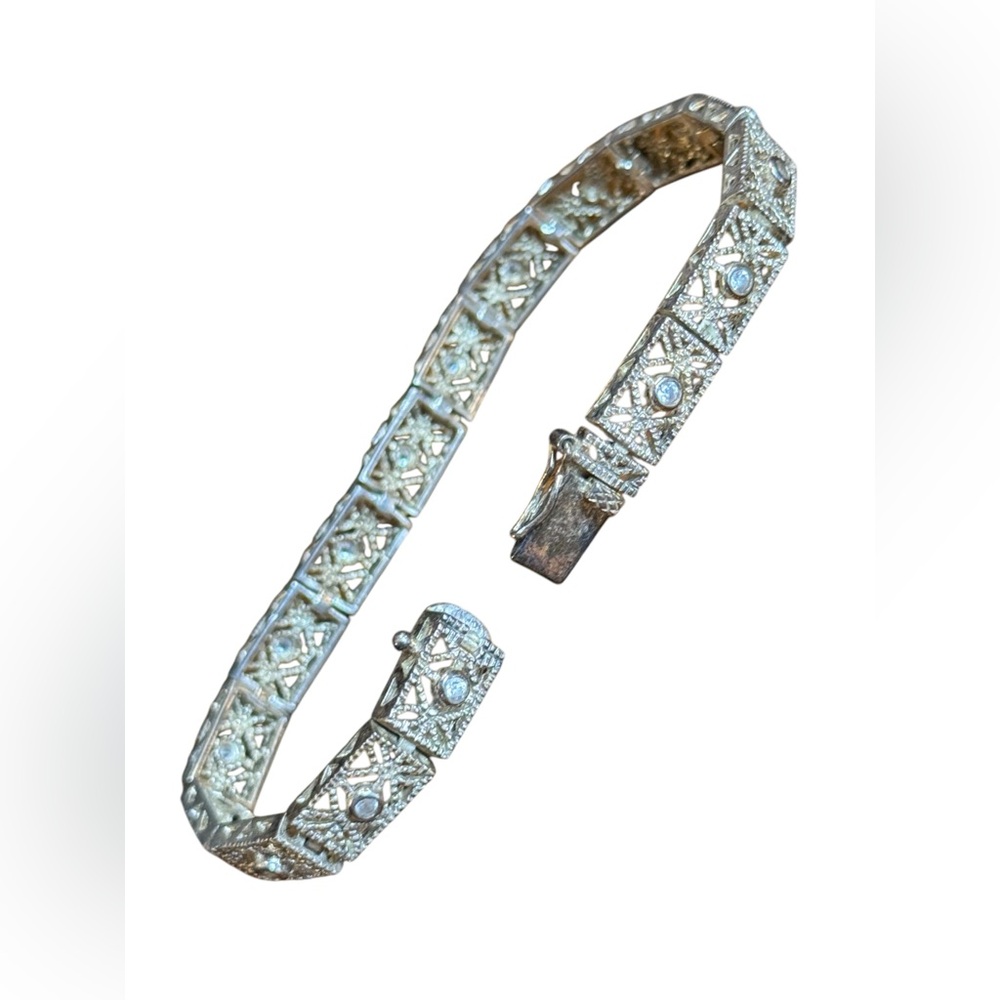Elegant Vintage 925 Sterling Silver filagree CZ link Bracelet
